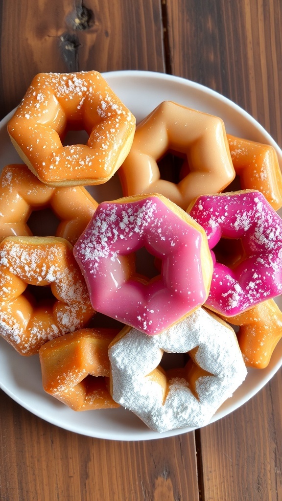 Polygon shaped donuts dusted with powdered sugar and colorful glazes on a rustic table.